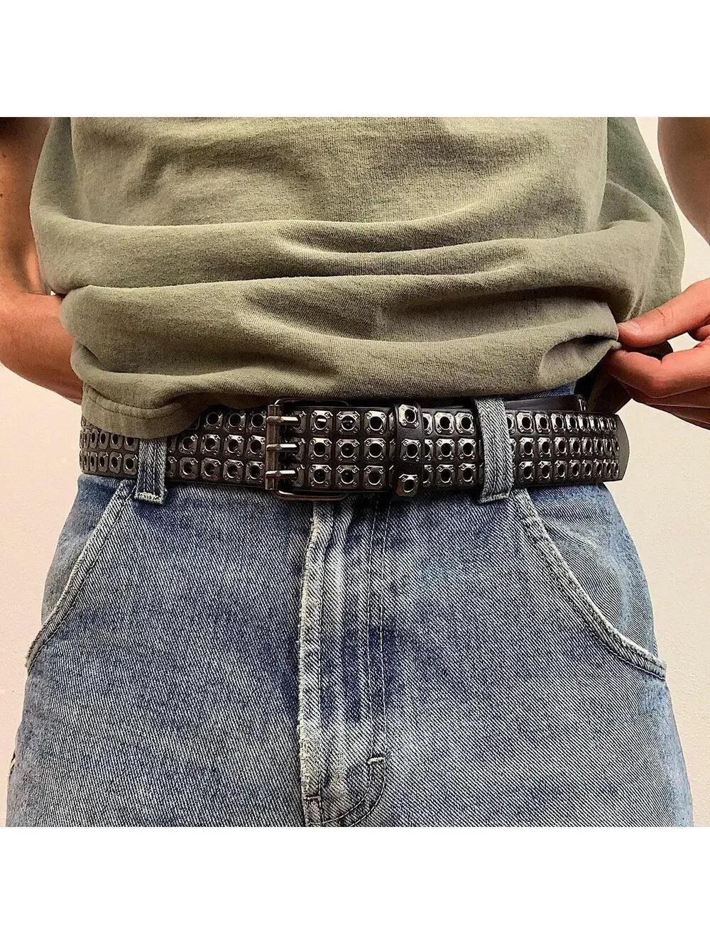 Cyber Y2K Style Dark Silver Studded Belt Unisex